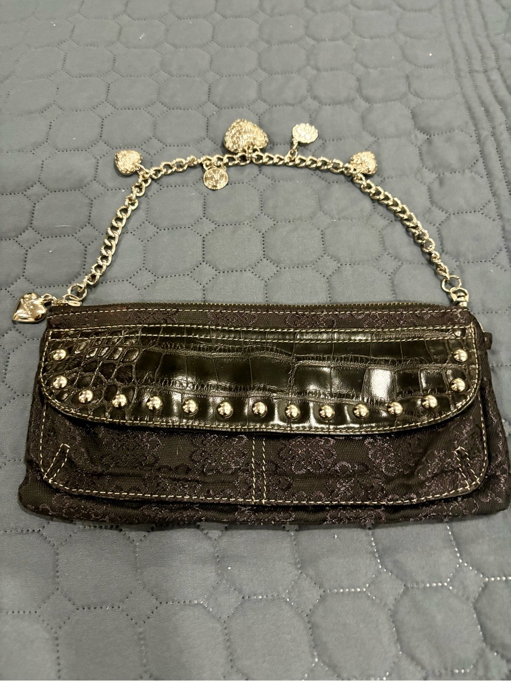 Kathy Van Zeeland Y2K Black Studded Wristlet Clutch with Gold Chain